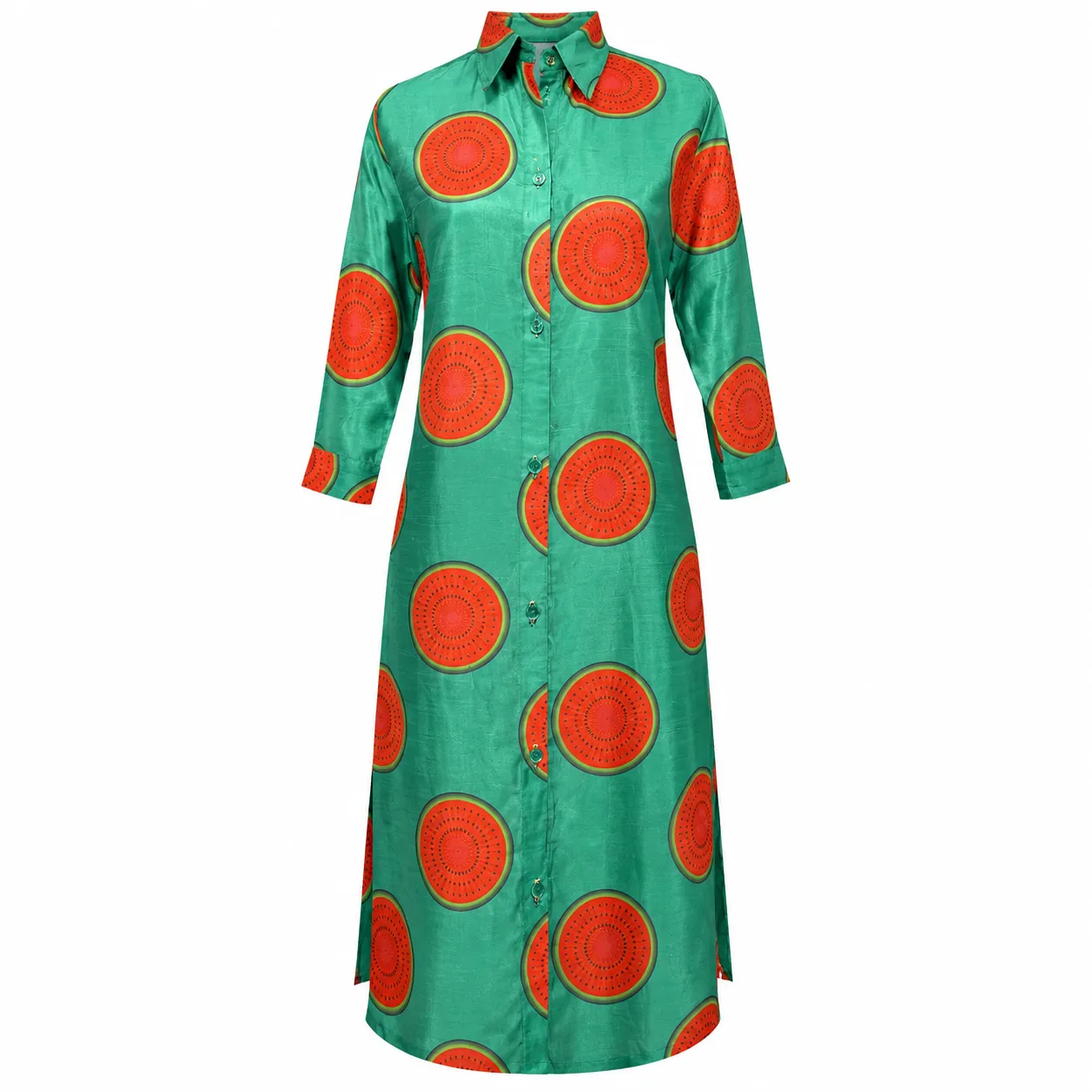 Women's Green Long Shirt with Bold Red Circle Print and Mandarin Collar
